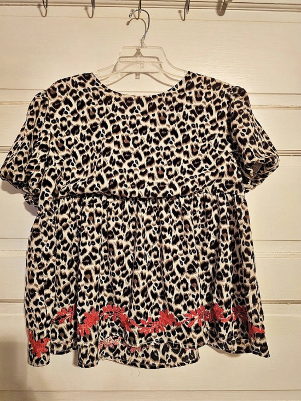 Leopard Print Babydoll Peplum Blouse with Vibrant Orange Lace Trim - Size M